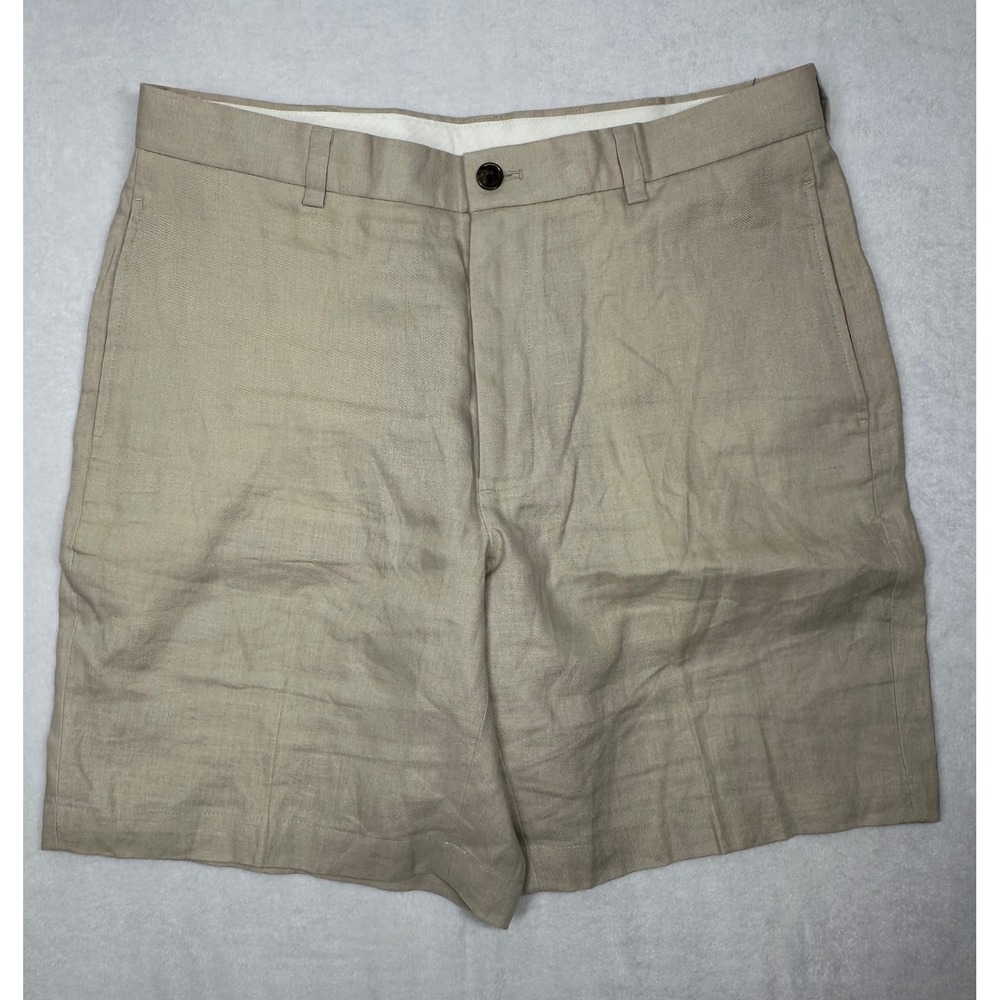 Brooks Brothers 346 Mens Tan 100%‎ Linen Flat Front Casual Shorts Size 36 Khaki